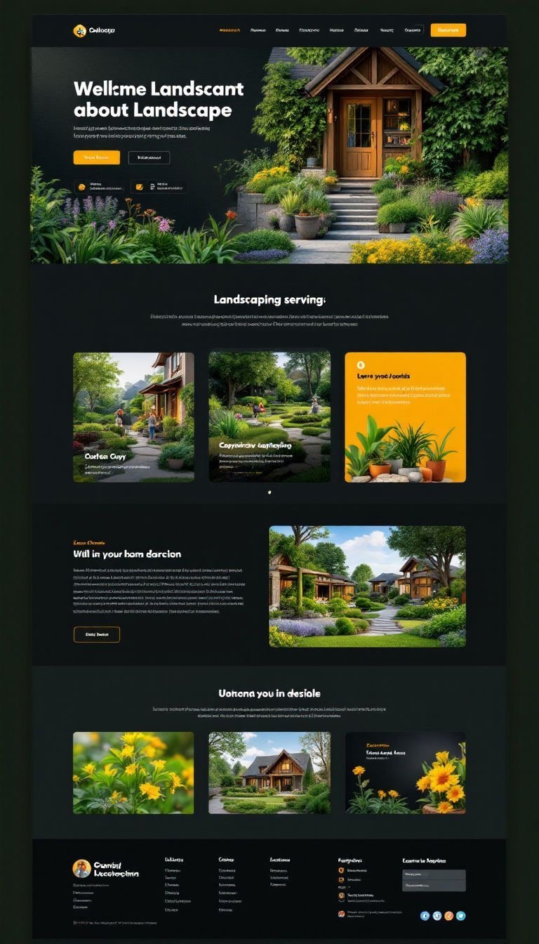 Landscaping website homepage featuring a wooden cottage entrance with lush gardens, ivy-covered walls, and landscaping service offerings