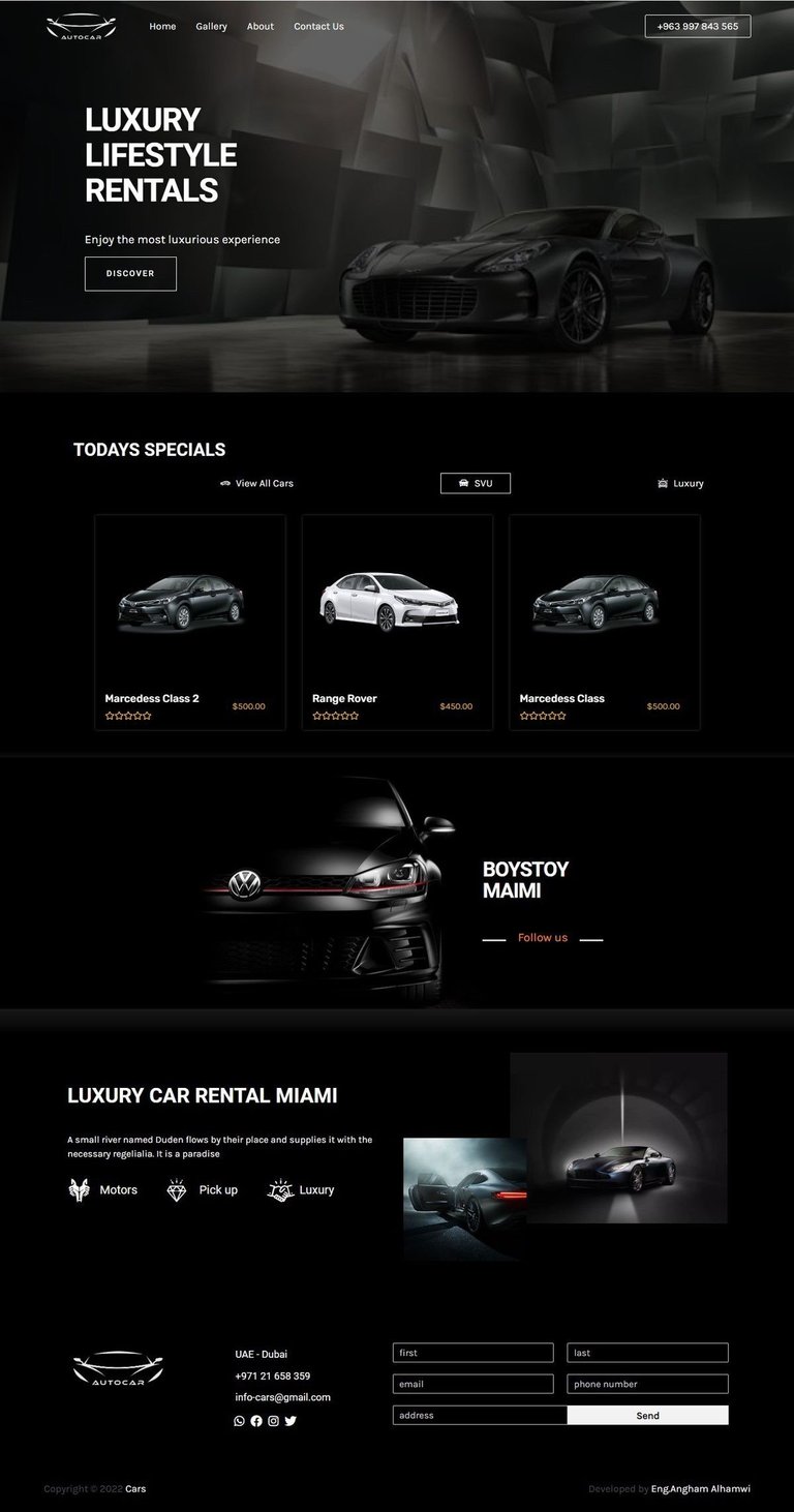 Luxury car rental website featuring black sports car, menu navigation, todays specials section with vehicle listings, and contact form