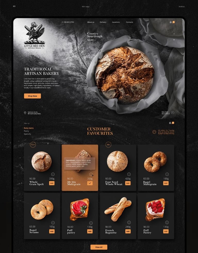 Artisan bakery website showcasing traditional breads and pastries with product grid and rustic dark design aesthetic