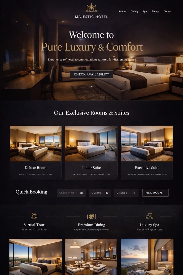 Majestic Hotel luxury bedroom with gold accents and elegant furnishings, website homepage showcasing rooms and booking options